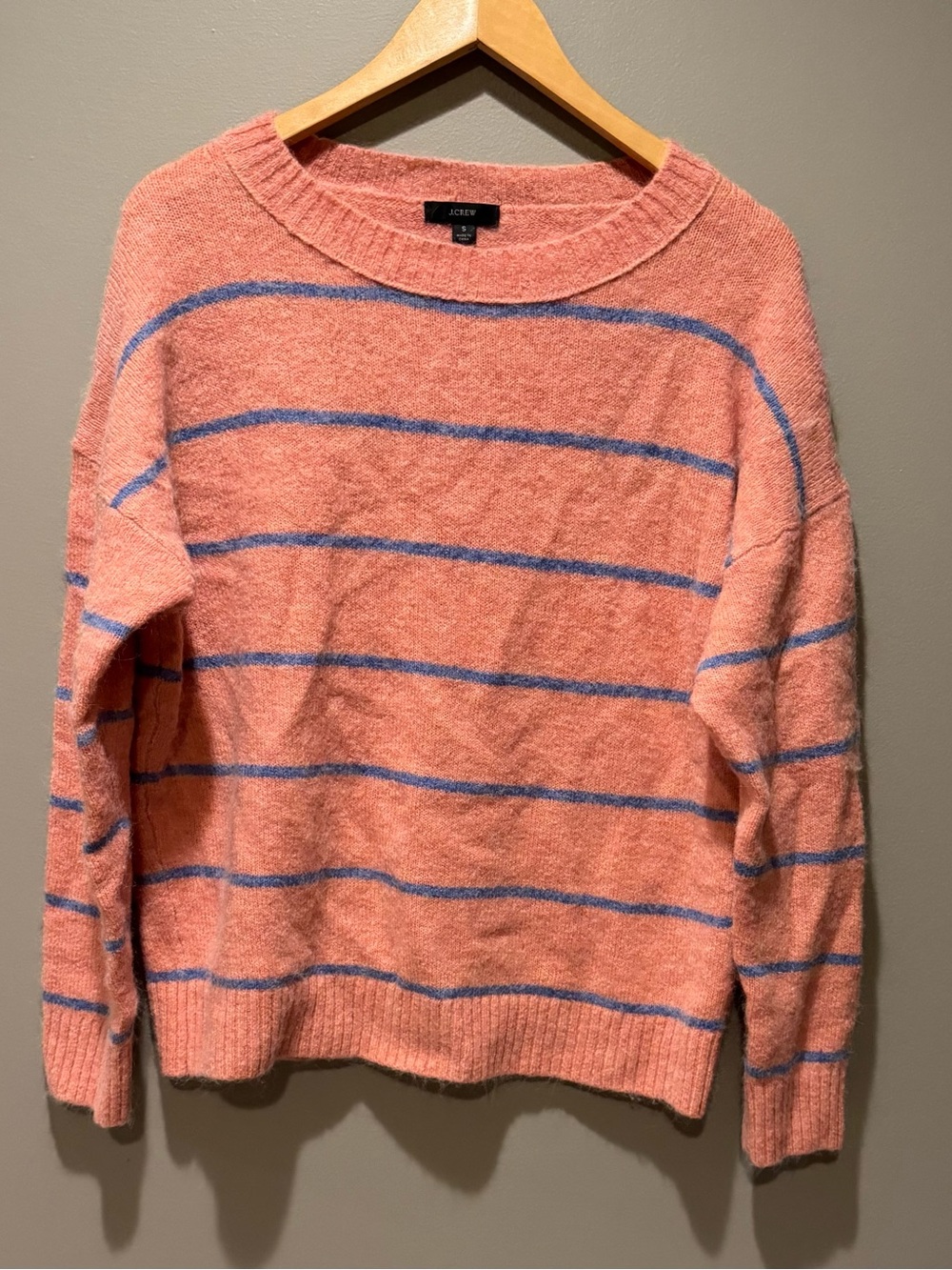 J. Crew Coral Pink Crewneck Sweater with Blue Stripes - Picture 2 of 5